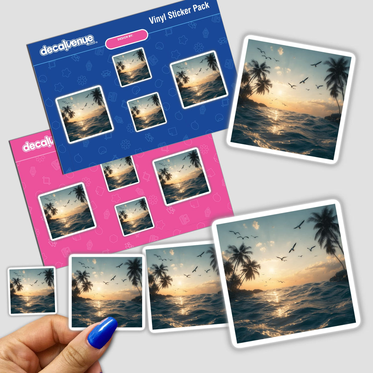 Golden Horizon Seagulls Over Ocean Waves sticker pack held in hand, featuring sunset beach scenes with birds flying over water, capturing serene coastal vistas available as stickers or digital artwork.