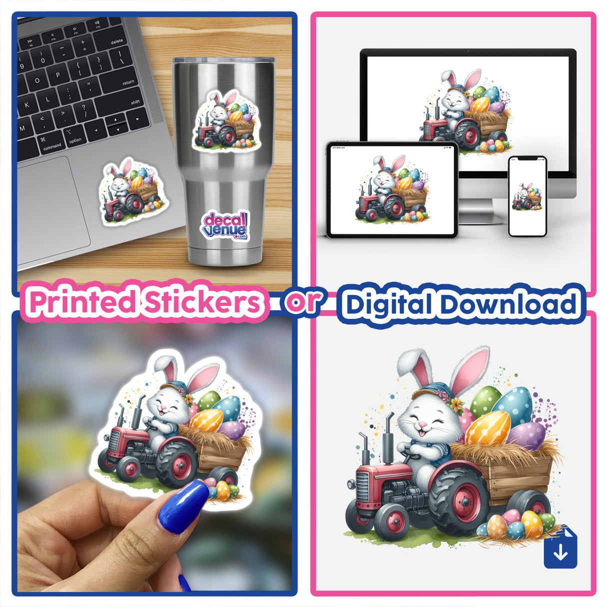 Collage featuring the Easter Egg Bunny Tractor II design, showcasing a cartoon rabbit riding a tractor with eggs. Available as stickers or digital artwork from Decal Venue.