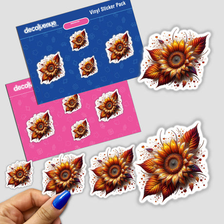 Fiery Autumn Sunflower sticker pack featuring detailed flower designs, available as stickers or digital artwork. Close-ups include flowers and finger placing a sticker.