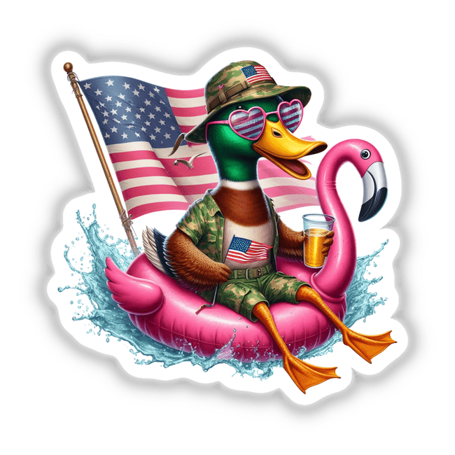 American Mallard Duck in Camo on Flamingo Float: A whimsical illustration of a duck wearing sunglasses and a hat, lounging on a pink flamingo float, available as stickers or digital artwork.