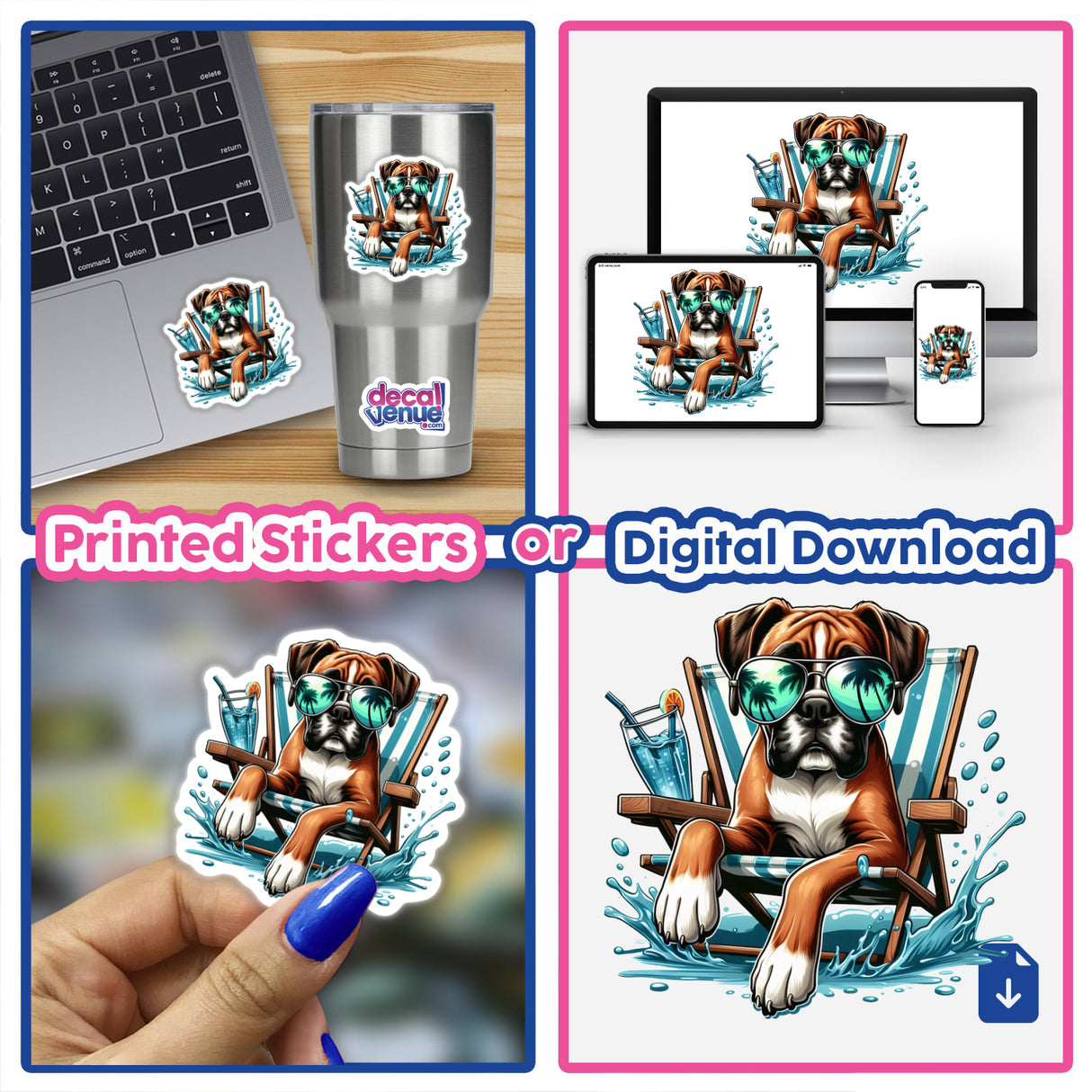 Peeking Boxer Dog Sitting in Beach Chair, available as a sticker or digital artwork, features a cartoon dog wearing sunglasses, giving a playful vibe perfect for unique vinyl sticker collections.