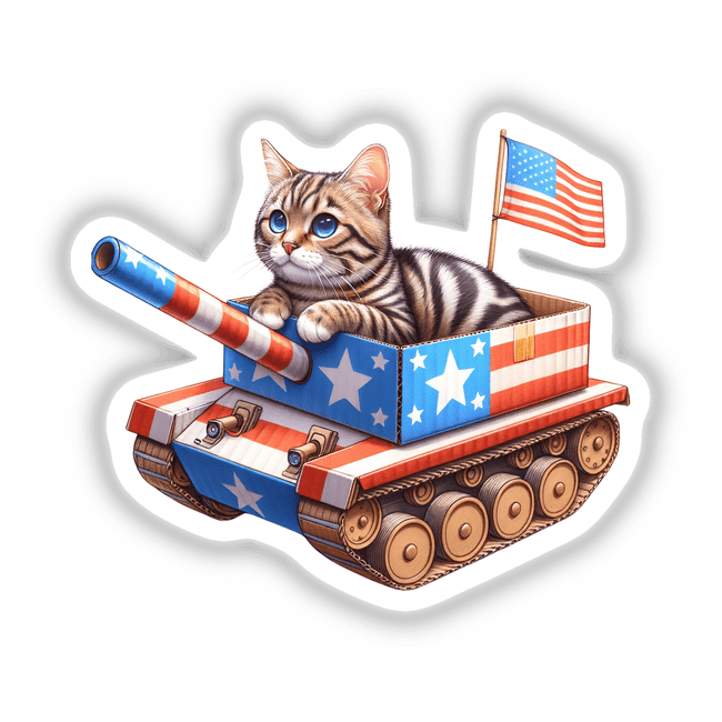 Tabby Cat Sitting in American Flag Painted Cardboard Box Tank