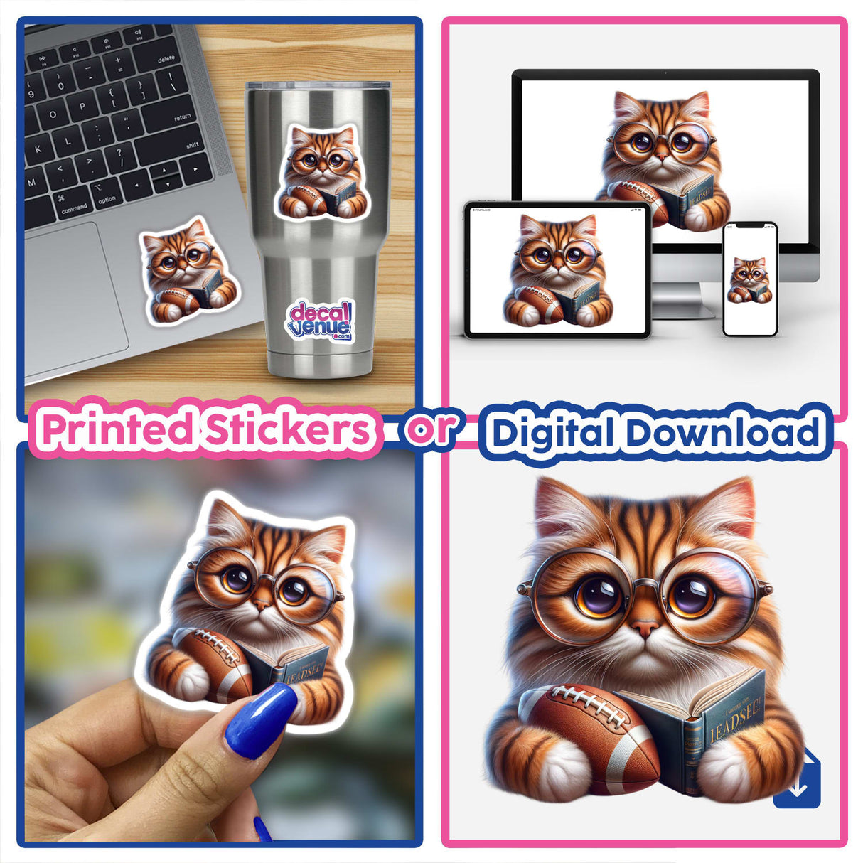 Cat in Reading Glasses with Open Book and Football: a whimsical artwork featuring a cat wearing glasses, holding a book and football. Available as high-quality stickers and digital art.