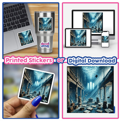 Collage featuring Underwater Library - Submerged Books in a Flooded Room digital artwork by DecalVenue, showcasing surreal scenes of floating books and enchanting underwater imagery.