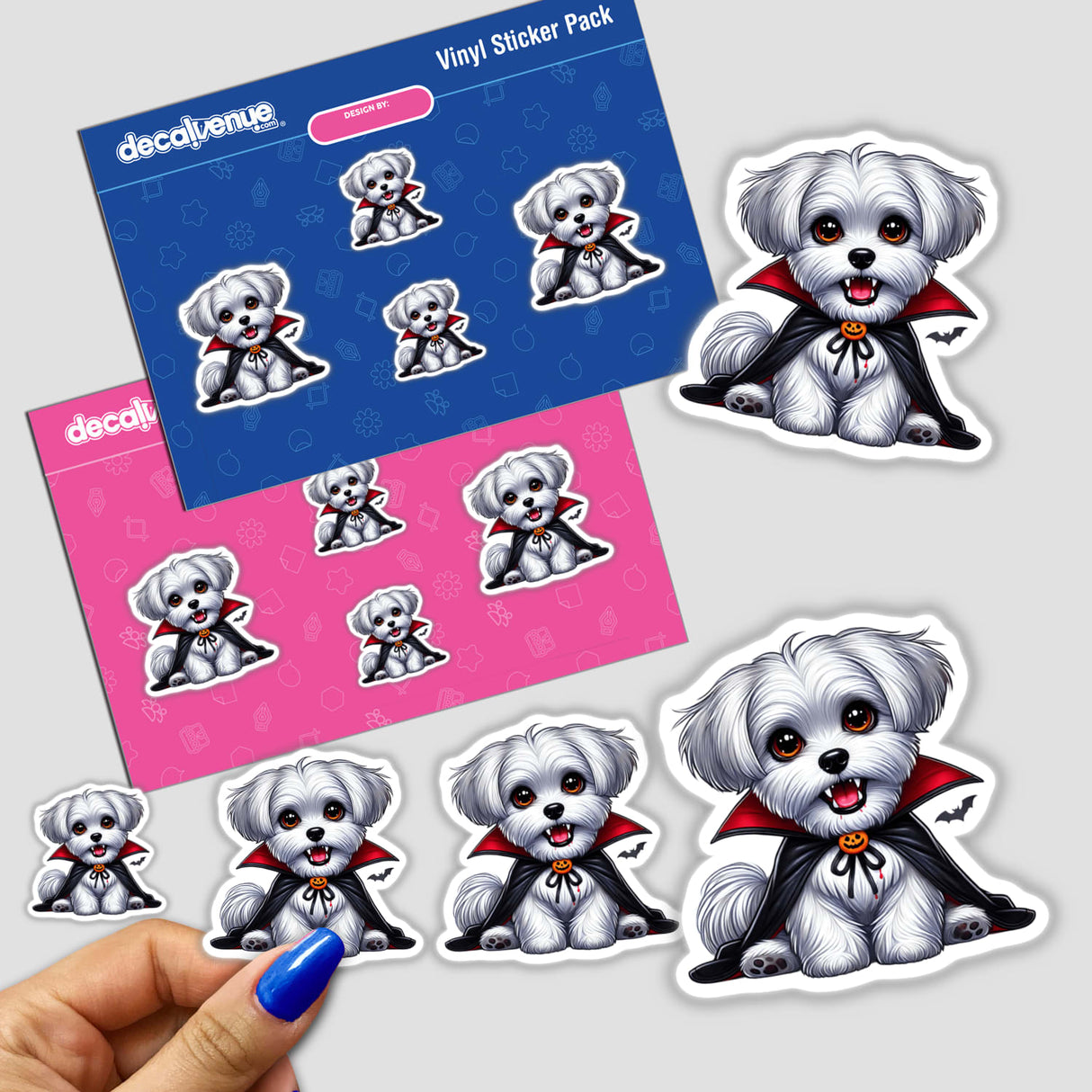Cute vampire Maltese dog stickers with fangs on Decal Venue vinyl sticker pack
