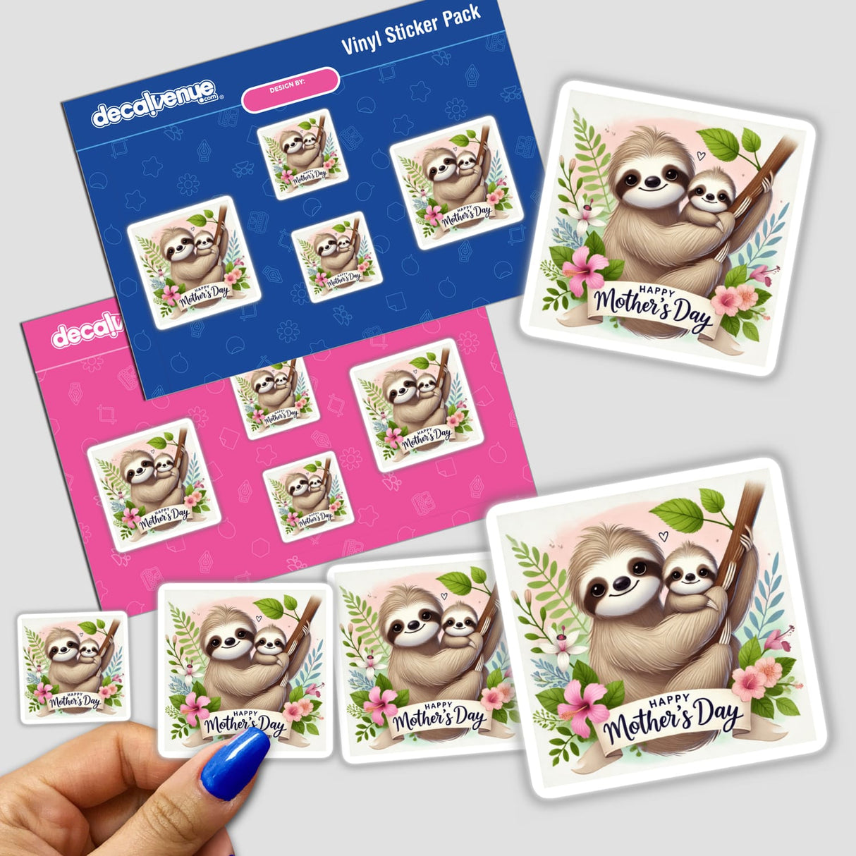 Sloth Happy Mother's Day illustration featuring a cartoon sloth with its baby on a tree, available as stickers or digital artwork, ideal for unique vinyl collections from Decal Venue.