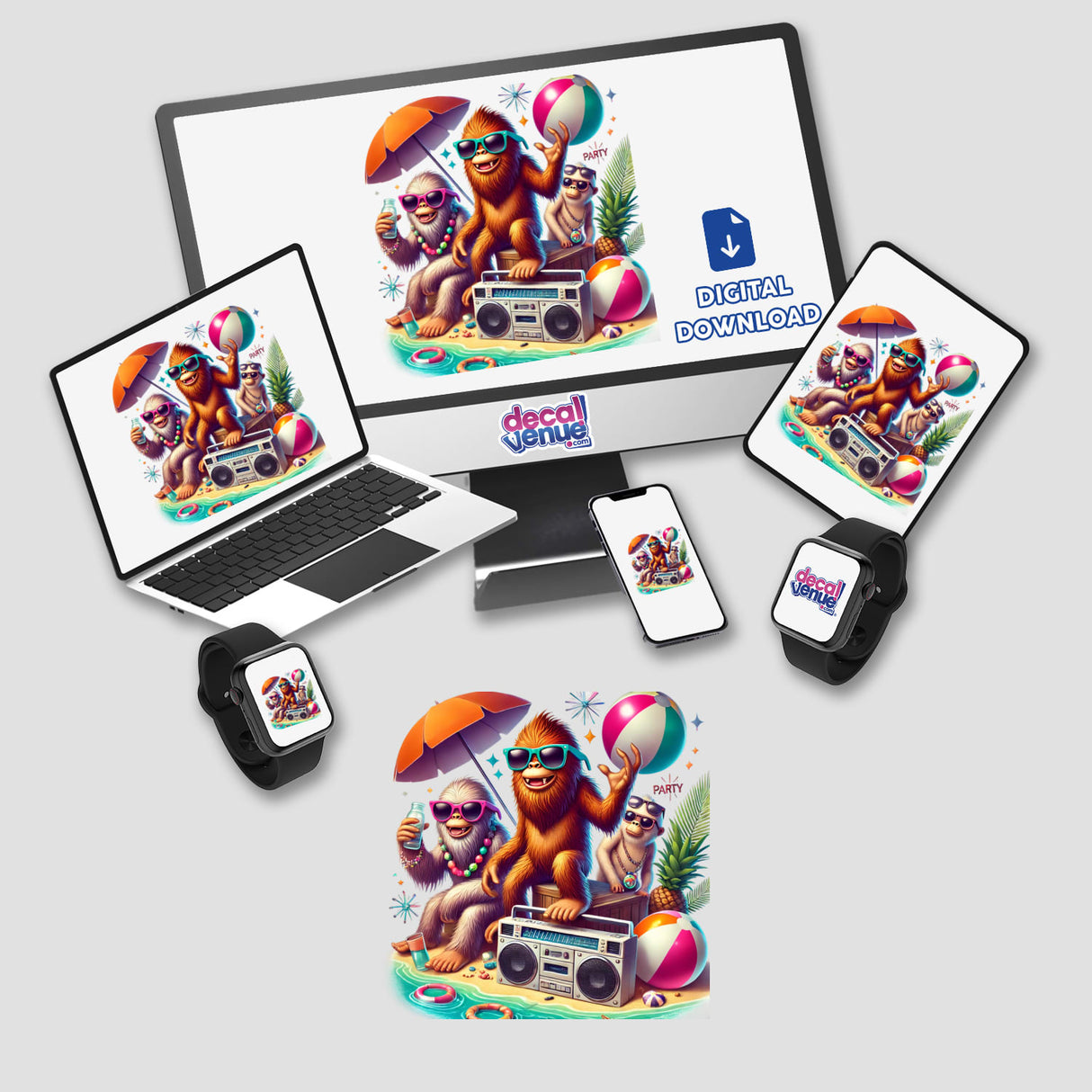 Vibrant digital artwork featuring Sasquatch creatures enjoying a beach party with umbrellas, balloons, and a boombox, available as stickers or digital download format from Decal Venue.