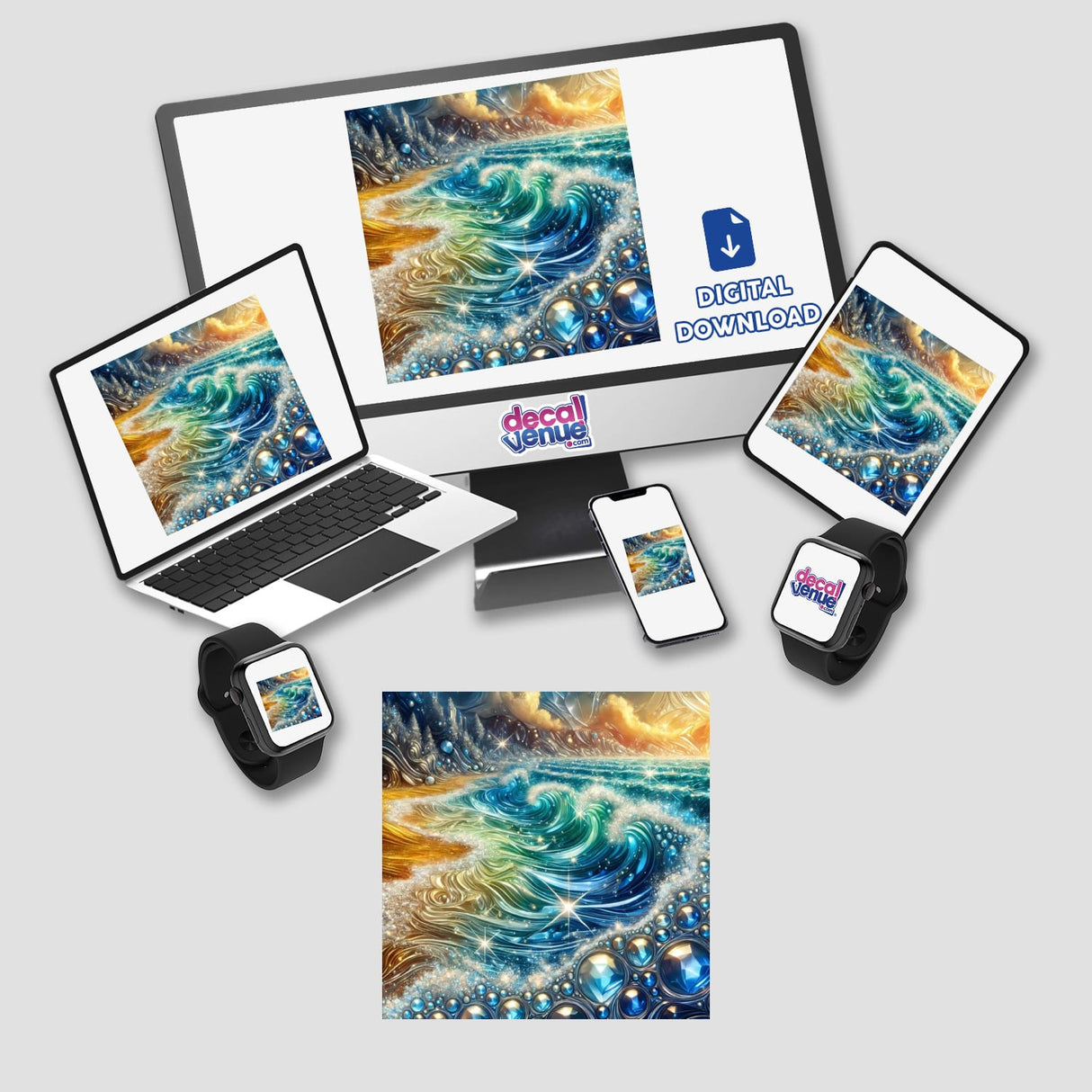 Crystal Waters - An Ocean of Shimmering Gemstones: A digital artwork featuring a beach and ocean scene displayed on various devices, including a laptop, tablet, and phone.