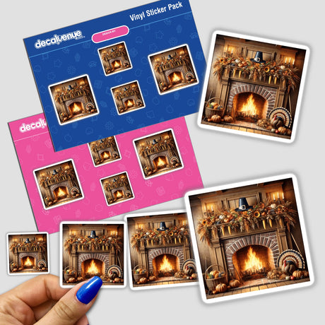 Hand holding Pilgrim’s Hearth - A Traditional Fireplace with Thanksgiving Decor sticker pack, featuring a cozy fireplace adorned with fall decorations, capturing warm autumn vibes for festive home decor.