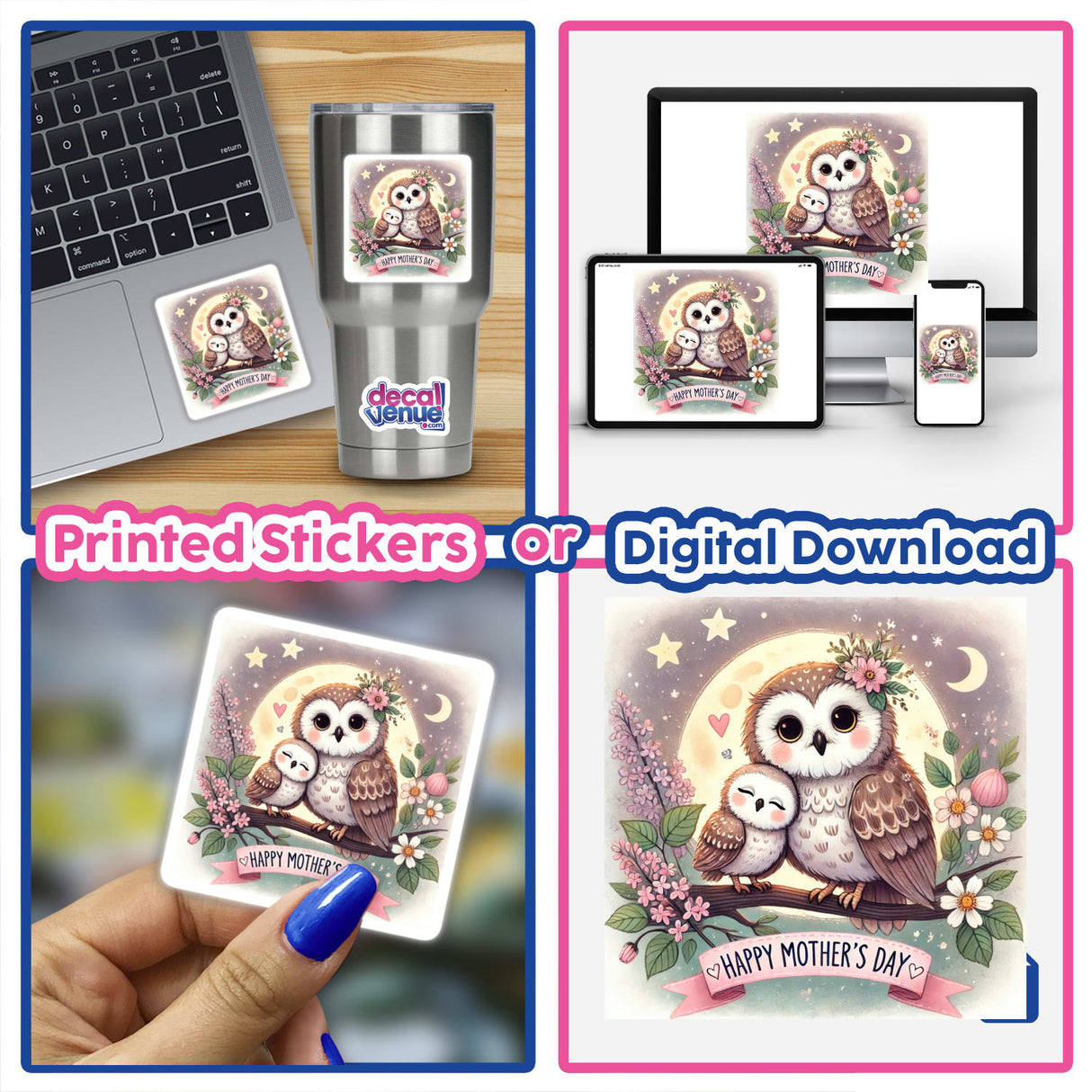 Two Cartoon Owls Happy Mother's Day Graphic featuring two adorable cartoon owls, perfect for stickers or digital artwork, capturing a playful and endearing celebration of Mother's Day.