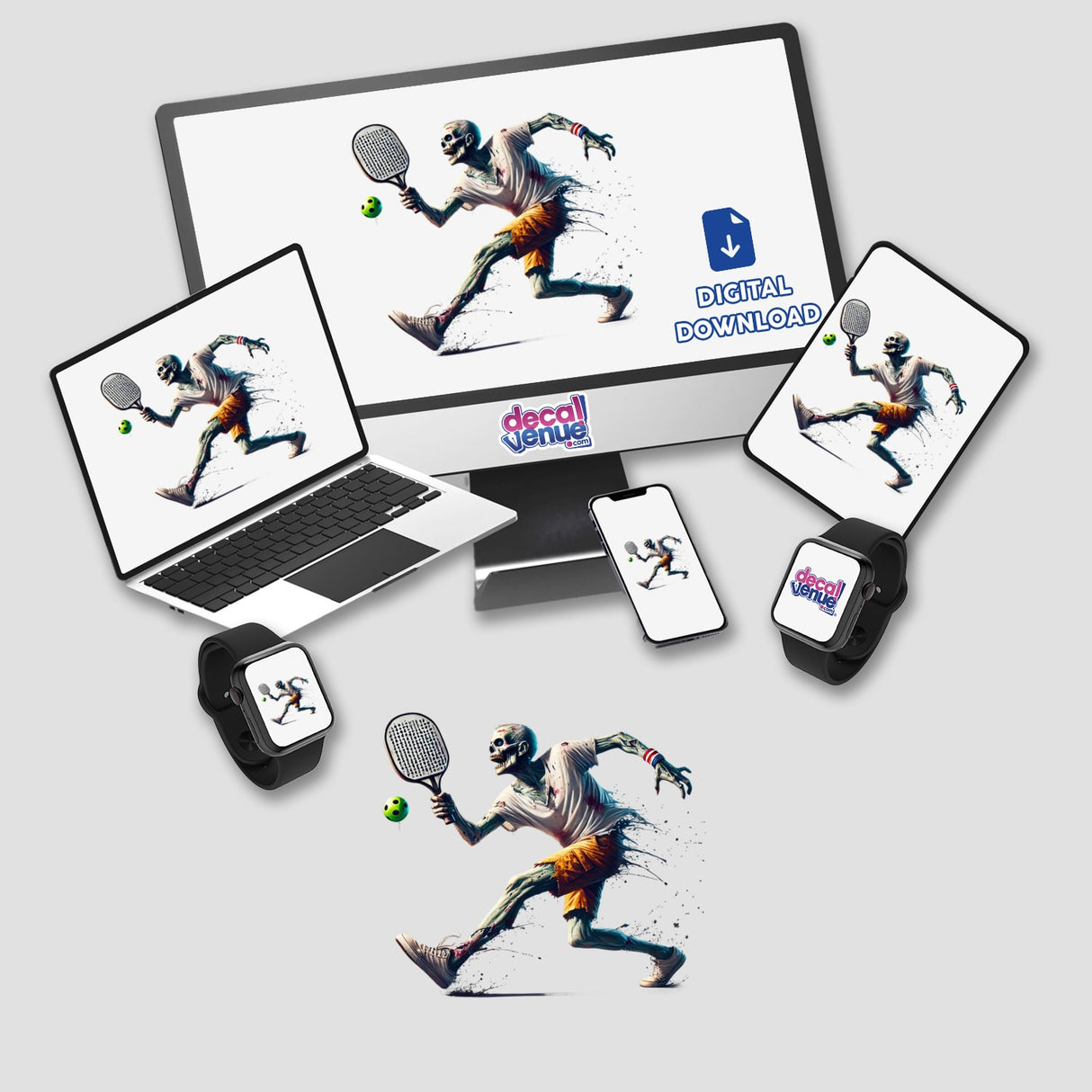 Zombie Playing Pickleball digital artwork features a skeleton holding a tennis racket and ball, available as stickers or digital art.