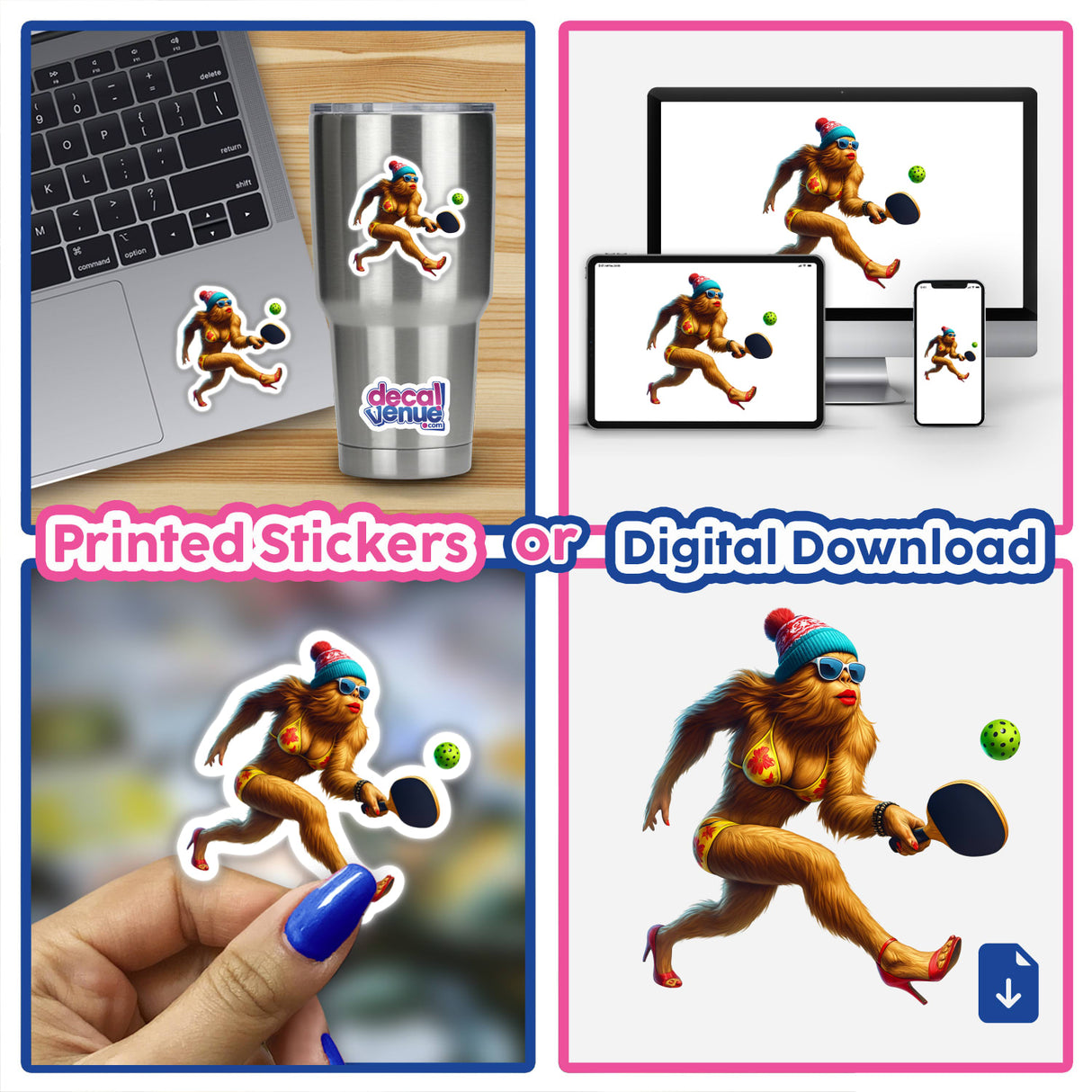 Female Bigfoot in Bikini and Heels Playing Pickleball as vinyl stickers on items and as a digital download for screens, showcasing a quirky design from Decal Venue.