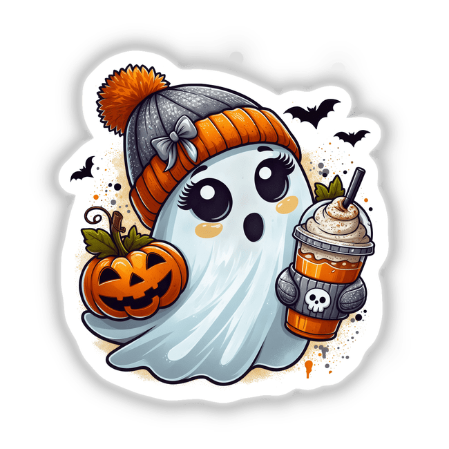 Cute Orange Beanie Pumpkin Spice Ghost cartoon holding a pumpkin and drink, available as stickers or digital artwork.