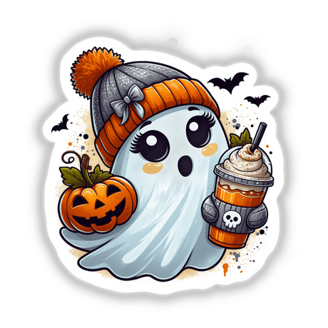 Cute Orange Beanie Pumpkin Spice Ghost cartoon holding a pumpkin and drink, available as stickers or digital artwork.