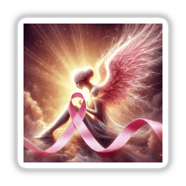 Guardian Angel - Wings Wrapped Around a Pink Ribbon: A woman with angel wings embracing a pink ribbon, available as stickers or digital artwork from Decal Venue.