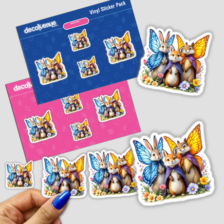 Anthropomorphic Animals with Butterfly Wings as Capes: Sticker pack featuring cartoon rabbits and animals adorned with butterfly wings, depicting playful scenes with flowers and butterflies, available as stickers or digital artwork.