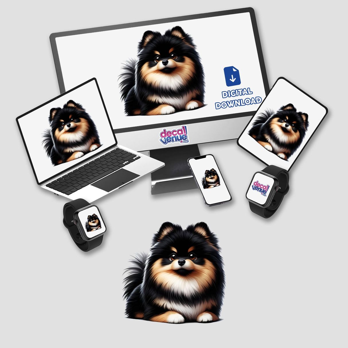 Tan and Black Pomeranian Pom Dog depicted as a charming sticker or digital artwork, capturing the breed's fluffy coat and expressive face, exemplifying Decal Venue's unique vinyl and digital art offerings.
