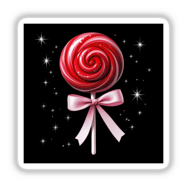 Red Lollipop with Pink Ribbon and Silver Stars, featuring a swirly candy design. Available as stickers or digital artwork, reflecting Decal Venue's unique artistic flair.