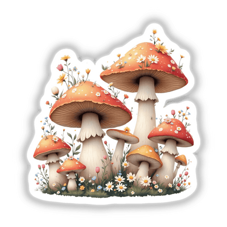 Magical Mushrooms with Blooming Spring Flowers stickers feature vibrant mushrooms and colorful flowers, offering whimsical charm and intricate detail, perfect for enhancing creative projects or spaces.