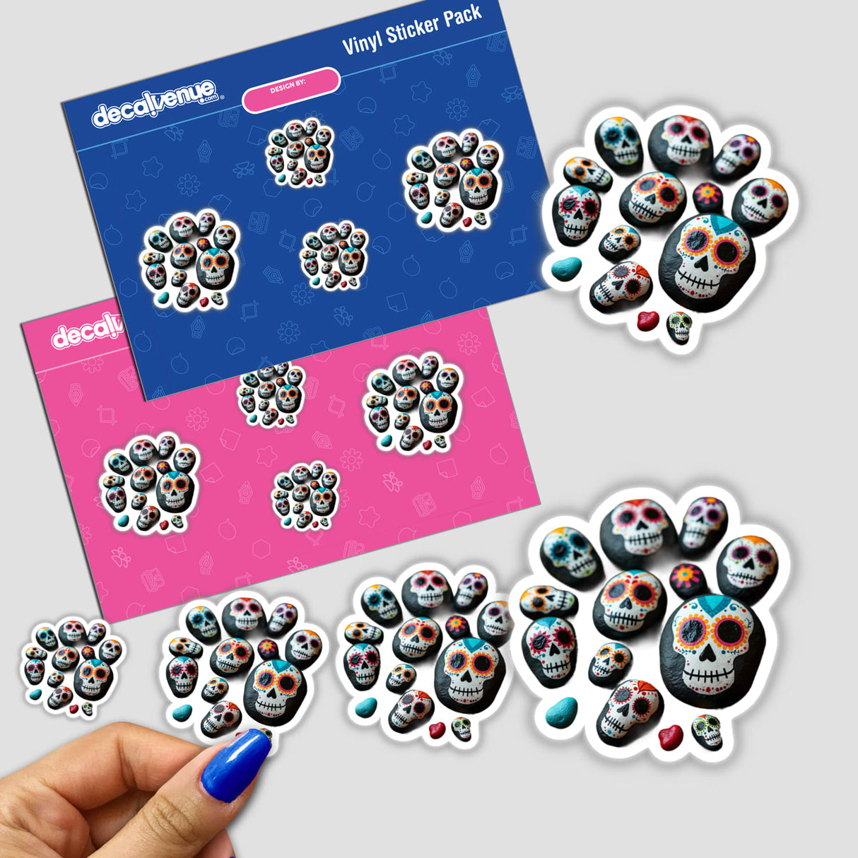 Colorful Day of the Dead Skull Painted Rocks stickers, featuring intricately designed skulls on a sticker pack, perfect for unique, vibrant decor.