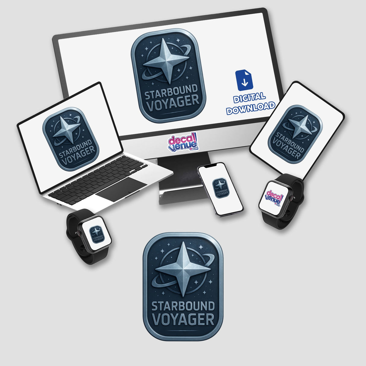 Starbound Voyager – RPG-Style Skill Badge (Silver Cosmic Badge) depicting intricate space-themed design, available as a sticker or digital artwork, embodying Decal Venue's unique vinyl and digital art offerings.