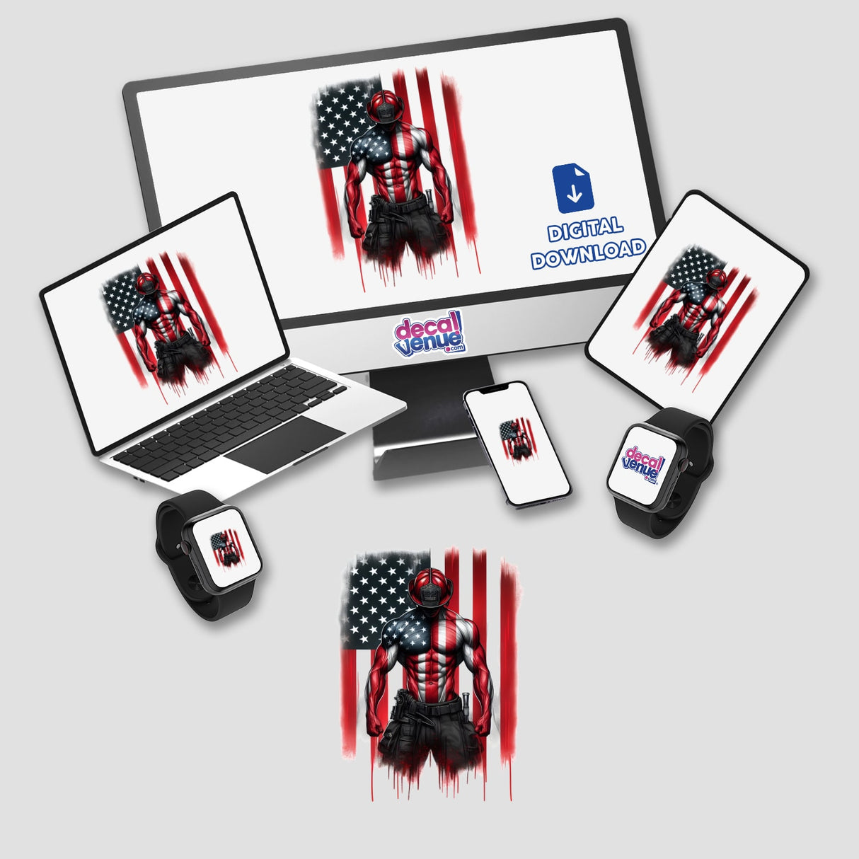 Flexing Firefighter American Flag digital artwork displayed on a laptop screen, featuring a man with a flag motif. Available as stickers or digital artwork from Decal Venue.