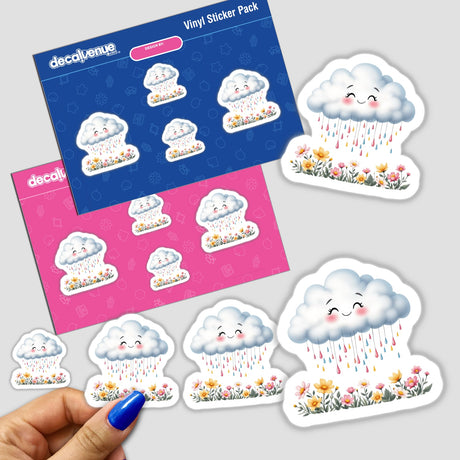 Cute Spring Rain Clouds with Colorful Droplets stickers showcase fluffy clouds adorned with flowers and raindrops, capturing whimsy and color, ideal for journals or digital art from Decal Venue.