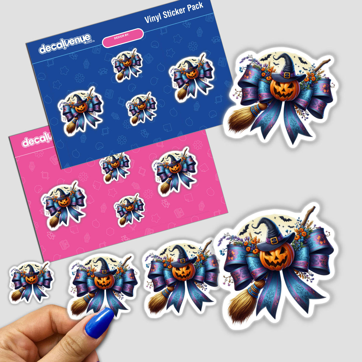 Coquette Bow w/Witch Pumpkin and Broom sticker pack featuring pumpkins with hats, brooms, and flowers in playful, cartoon-style designs. Available as stickers or digital artwork.