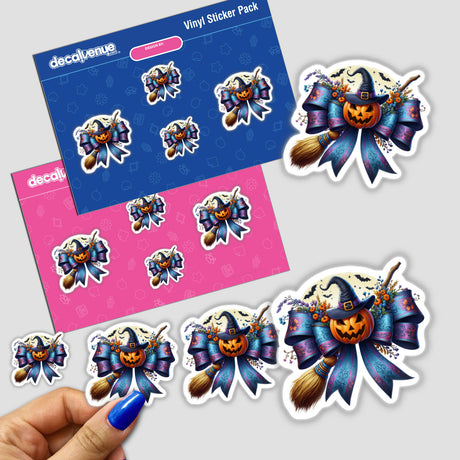 Coquette Bow w/Witch Pumpkin and Broom sticker pack featuring pumpkins with hats, brooms, and flowers in playful, cartoon-style designs. Available as stickers or digital artwork.