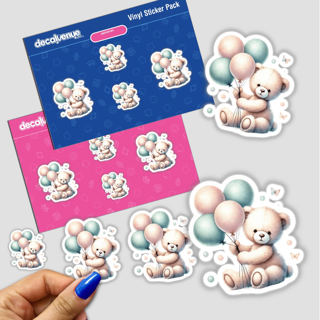 Watercolor Teddy Bear Holding Balloons stickers showcasing adorable teddy bears with colorful balloons, ideal for decorating or as digital artwork.