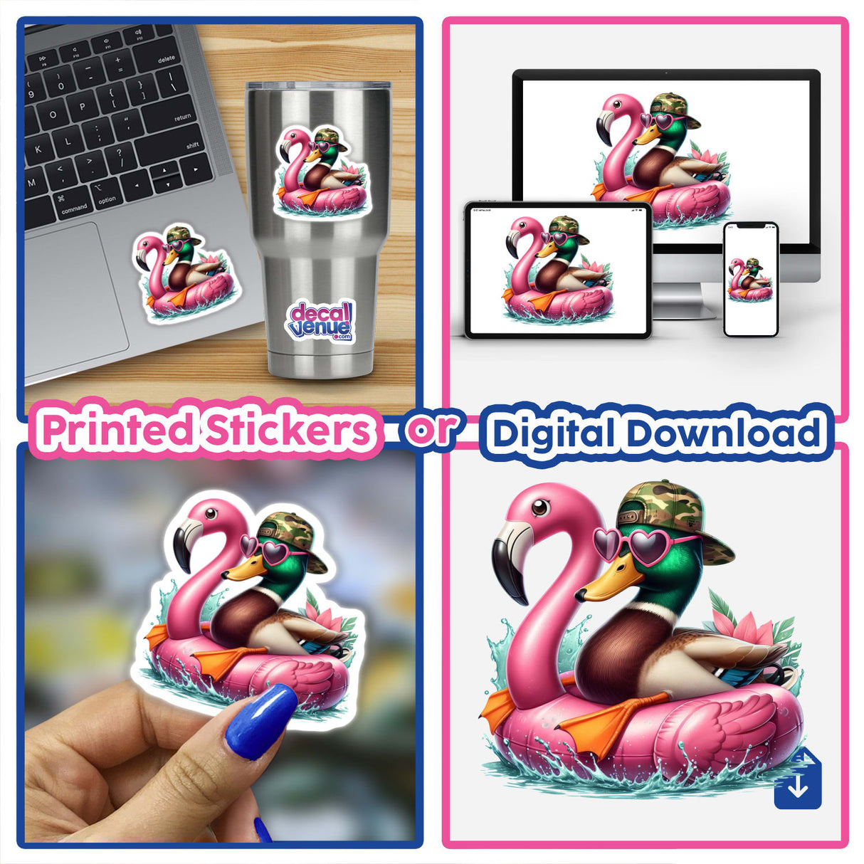 Camo Mallard Duck in Flamingo Float: Collage showcasing a cartoon duck in a flamingo float, featuring stickers or digital artwork options, perfect for laptops or cups from Decal Venue.