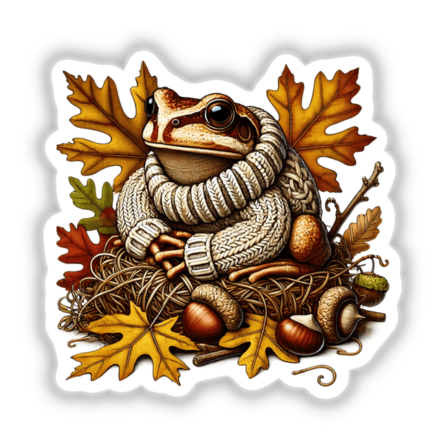 Autumn Frog in Cozy Sweater - Detailed digital artwork depicting a frog wearing a knitted sweater, surrounded by vibrant fall leaves, acorns, and other seasonal elements.