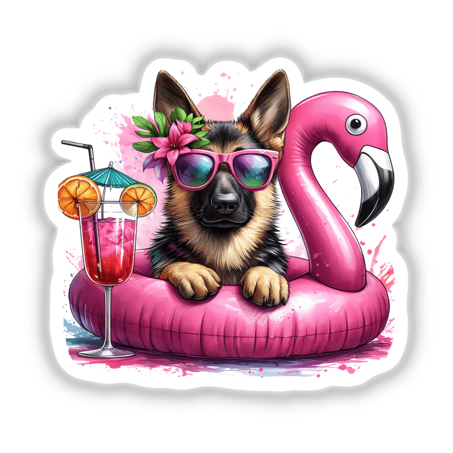 Stylish German Shepherd dog wearing sunglasses and relaxing on a pink flamingo float with tropical cocktail