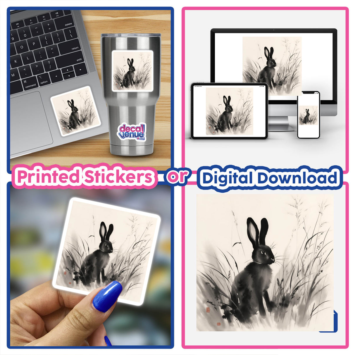 Sumi-e Rabbit Among Wild Grasses Soft Japanese Ink Art available as stickers or digital artwork, showcasing a delicate ink depiction of a rabbit nestled amid wild grasses, capturing serene natural beauty.