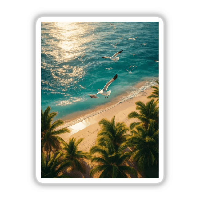 Sunset Serenity Seagulls Over Tropical Shores: A serene scene of seagulls soaring above a beach with palm trees, available as vinyl stickers or digital artwork, perfect for tropical-themed decor.