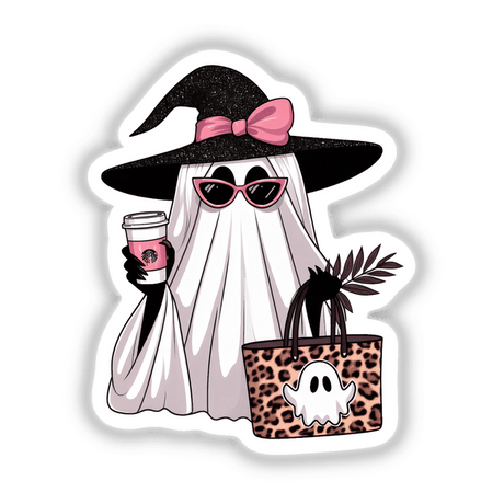 Boujee Ghost Leopard Tote and Coffee, featuring a cartoon ghost holding a coffee cup and bag against a leopard print background. Available as stickers or digital artwork.
