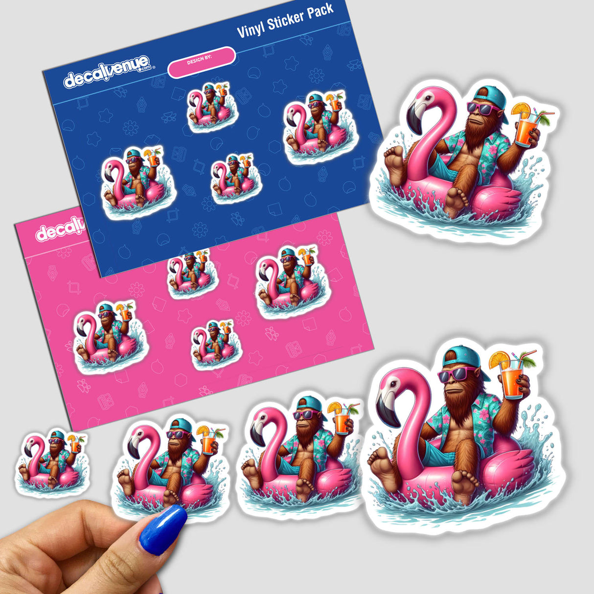 Sasquatch Floating in Flamingo Float II sticker pack features cartoon characters, including a whimsical monkey on a flamingo float, perfect for fans of unique vinyl stickers and digital art.