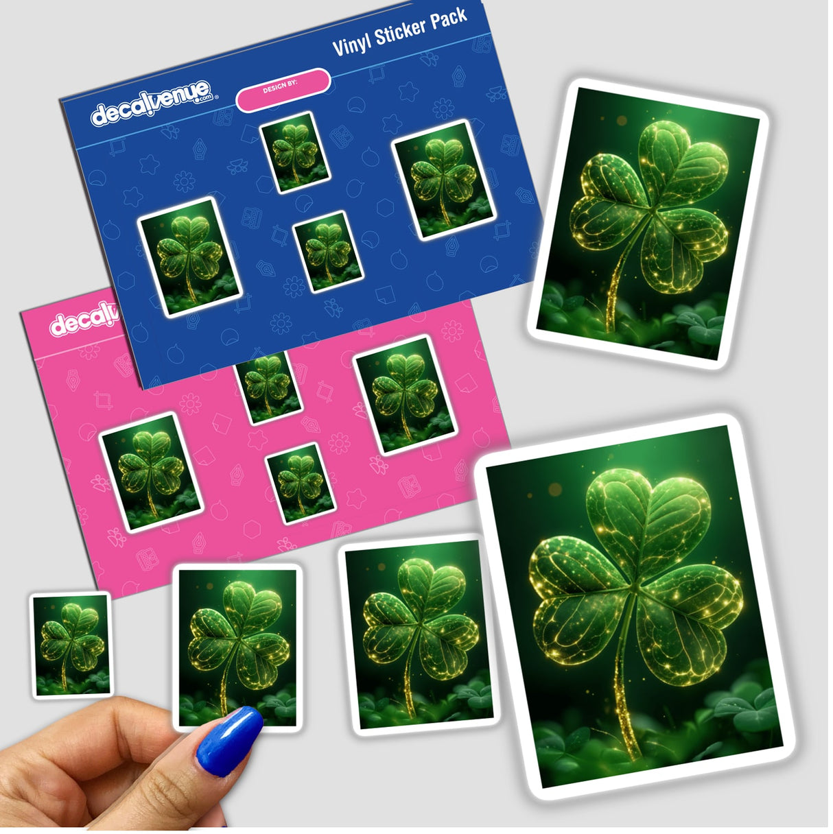 Glowing Shamrock – Sparkling Clover with Golden Light sticker pack showcasing a vibrant green shamrock design, ideal for adding a touch of charm to surfaces or digital artwork collections.