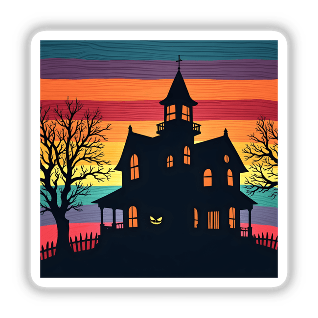 Haunted House Silhouette with Vibrant Stripes - a digital artwork featuring a leafless tree and a black and red fence, perfect for stickers or decor.