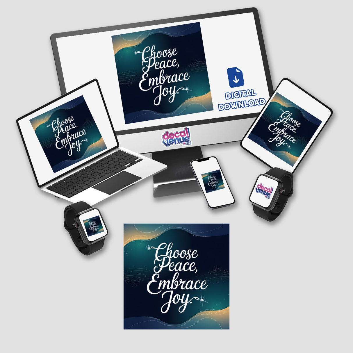 Choose Peace, Embrace Joy digital artwork displayed on a laptop, phone, tablet, and smartwatch, showcasing vibrant text design available as stickers or digital downloads from Decal Venue.
