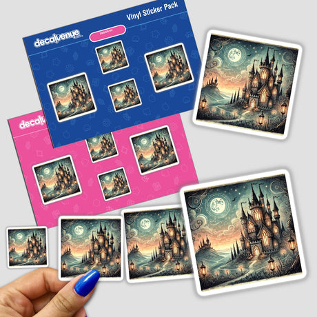Hand holding a sticker pack titled Mystical Enchanted Castle at Dusk, featuring a detailed castle and lanterns.