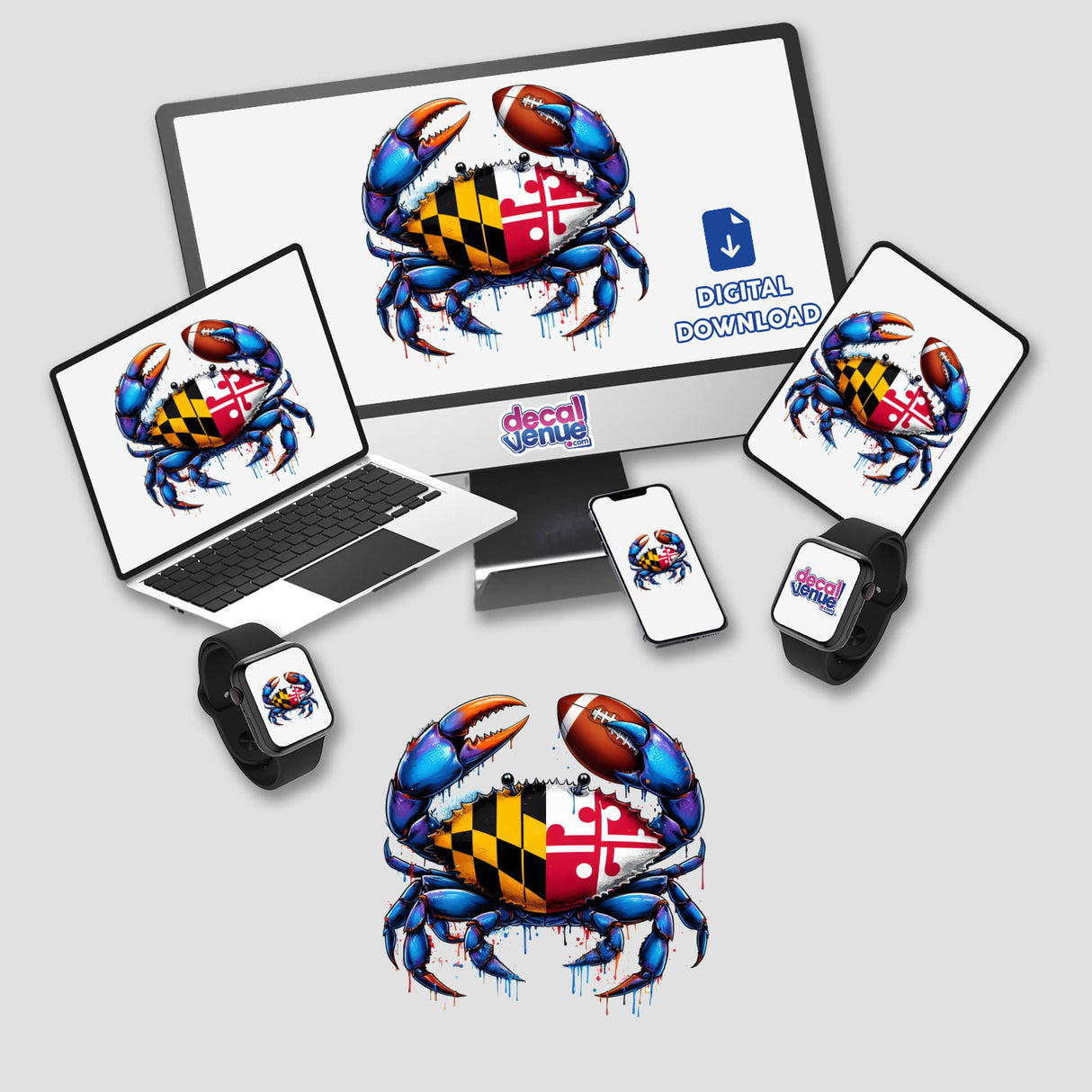 Maryland Football Splatter Blue Crab design displayed on a computer monitor and laptop, featuring cartoon crabs with football elements, available as stickers or digital artwork from Decal Venue.