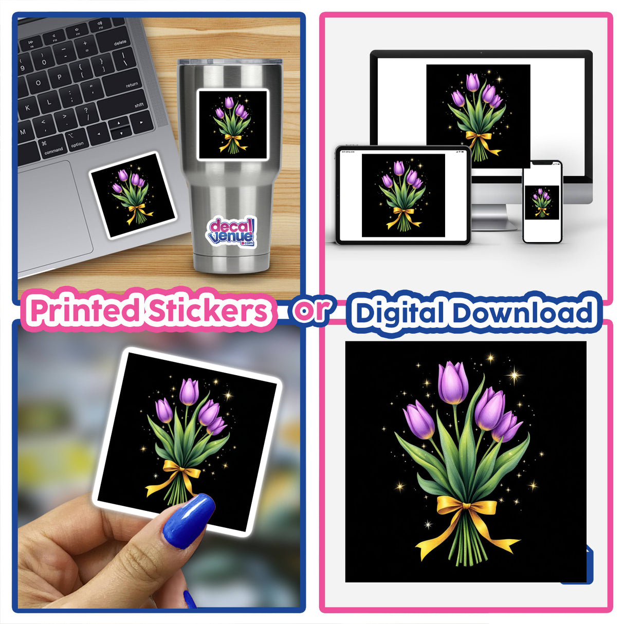 Collage featuring the Purple Tulip Bouquet with Yellow Ribbon and Silver Stars design on laptops and mugs, highlighting its availability as stickers or digital artwork from Decal Venue.