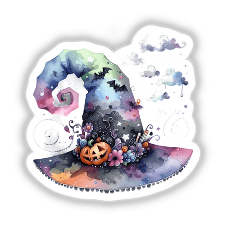 Halloween Hat with Bats and Clouds sticker features a whimsical watercolor design, showcasing pumpkins, bats, and clouds, perfect for adding a festive touch to your collection.