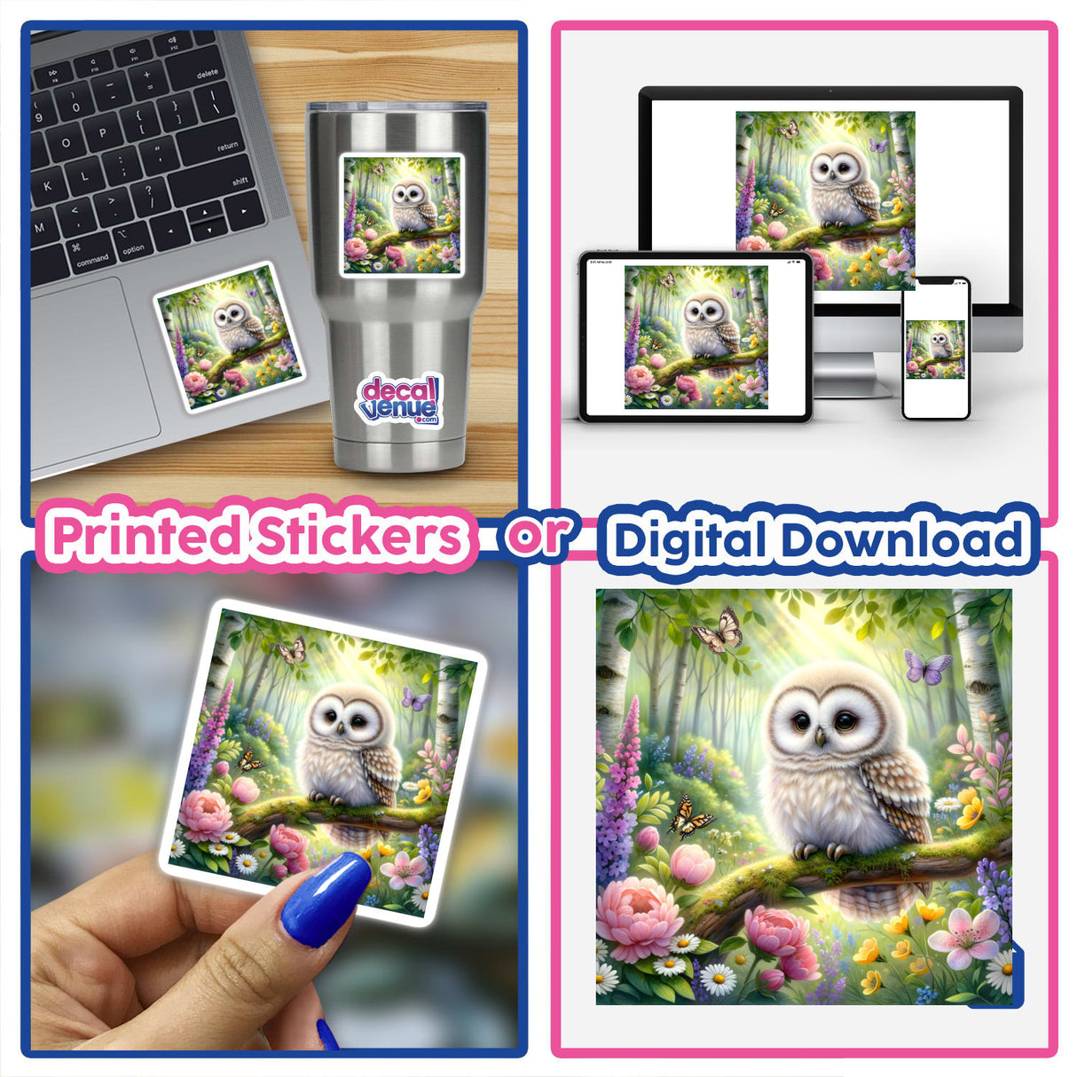 Owl in a Lush Forest Watercolor Illustration featuring a serene white owl perched on a branch, available as stickers or digital artwork. Perfect for laptops or as decorative art.