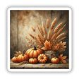 Autumn Harvest - Cozy Scene with Pumpkins and Wheat: A painting featuring pumpkins and wheat arranged on a table. Available as Stickers or Digital Artwork from Decal Venue.