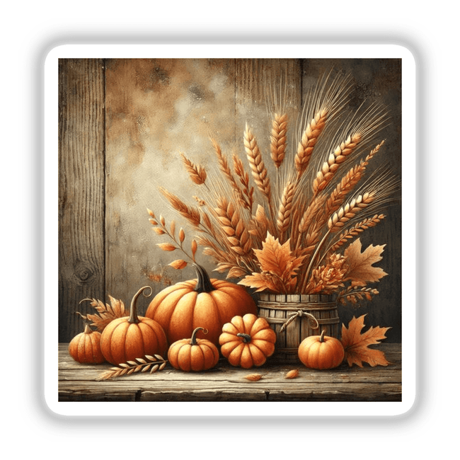 Autumn Harvest - Cozy Scene with Pumpkins and Wheat: A painting featuring pumpkins and wheat arranged on a table. Available as Stickers or Digital Artwork from Decal Venue.