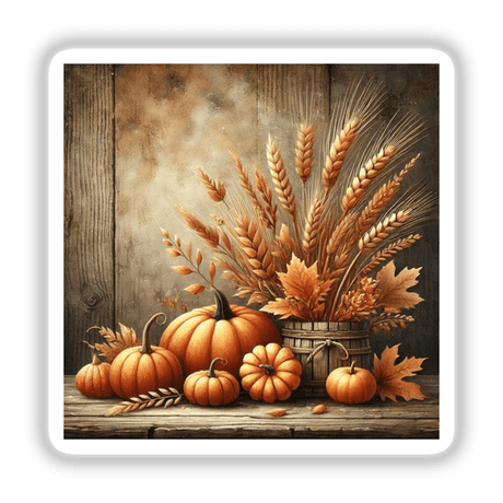 Autumn Harvest - Cozy Scene with Pumpkins and Wheat: A painting featuring pumpkins and wheat arranged on a table. Available as Stickers or Digital Artwork from Decal Venue.