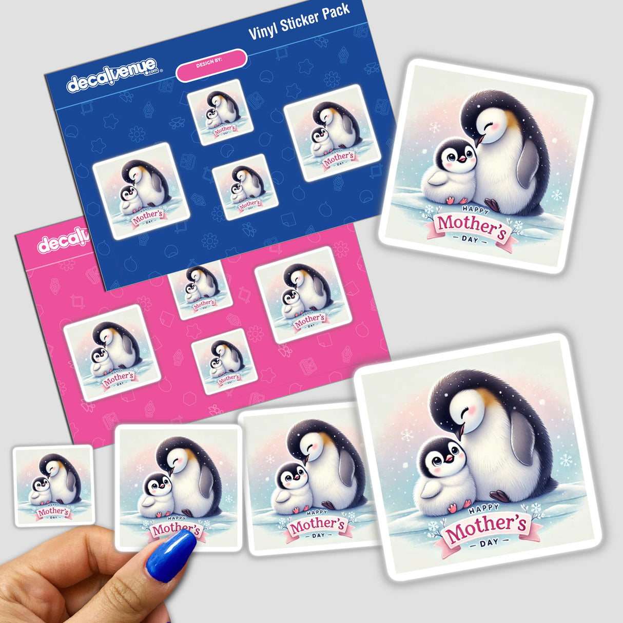 Mother Penguin With Chick For Mothers Day, available as stickers or digital artwork, depicts a nurturing penguin and chick duo, embodying maternal love and affection, ideal for heartfelt gifting.