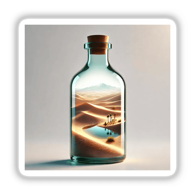 Desert Mirage - Sand Dunes Inside a Glass Bottle: A glass bottle encapsulates a detailed desert landscape with sand dunes, available as unique stickers or digital artwork from Decal Venue.